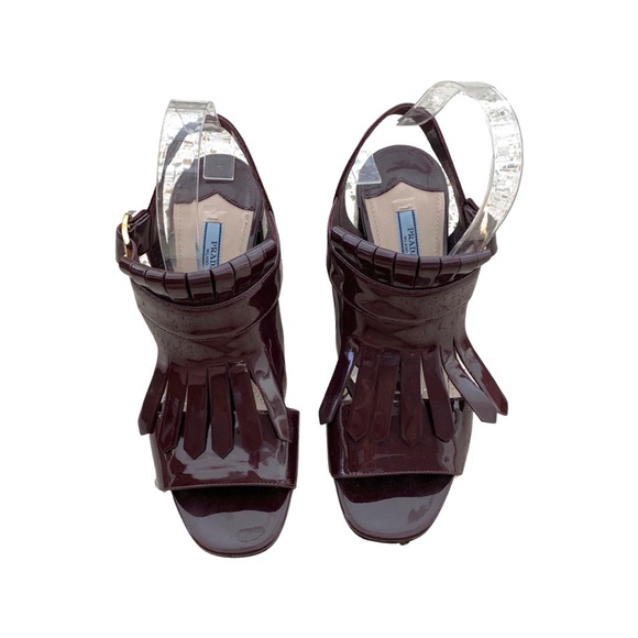 PRADA Burgundy Fringe Patent Leather Heel Sandals - Picture 1 of 8